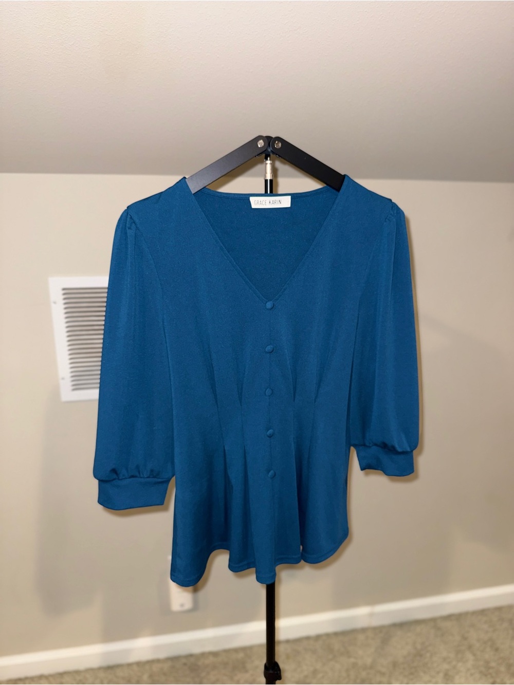 Grace Karin Teal V-Neck Puff Sleeve Blouse